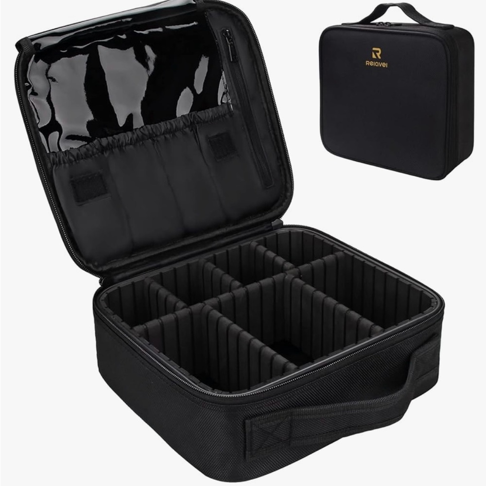 Relavel Travel Makeup Case w/Adjustable Dividers, Black Excellent Condition